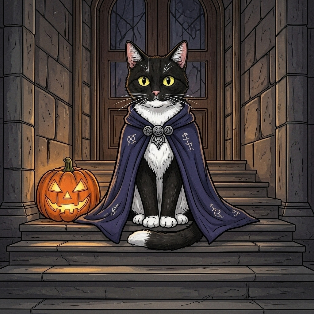  A black and white cat wearing a wizard's cloak sits beside a carved pumpkin on stone steps in front of a gothic-style door. AI Generated.