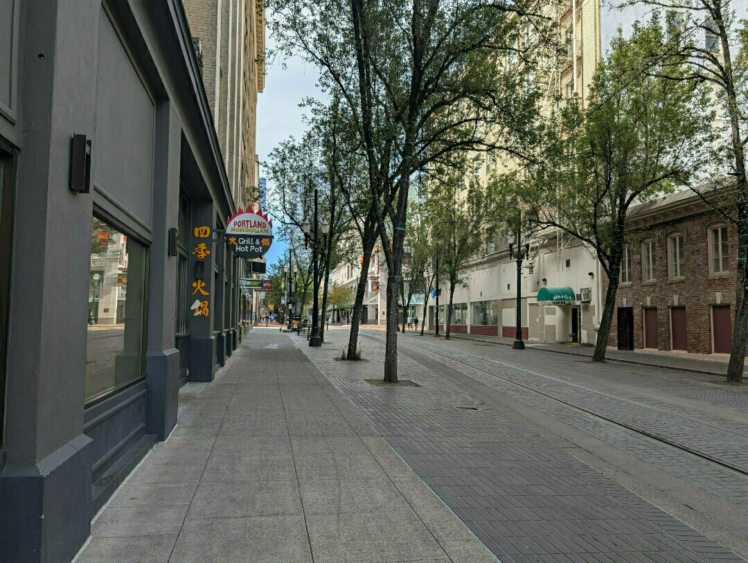 Auto-generated description: A deserted urban street features storefronts, including a neon Portland sign, and is lined with trees.