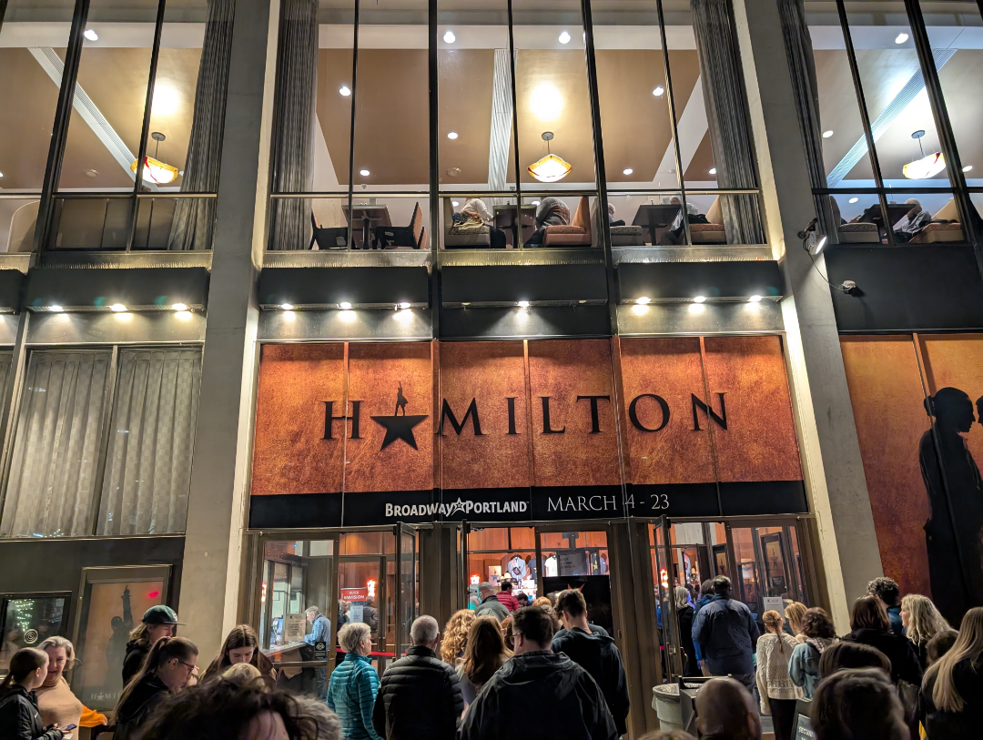 Entrance to Keller Auditorium decorated to showcase Hamilton: An American Musical