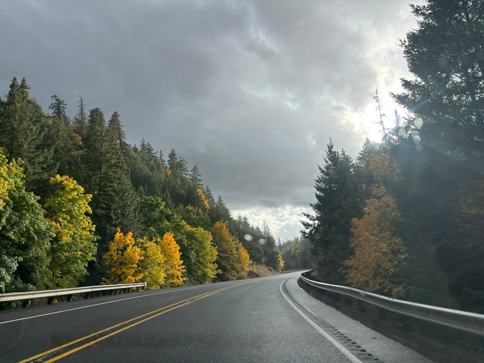 Auto-generated description: A scenic road curves through a forest with autumn foliage under a cloudy sky.