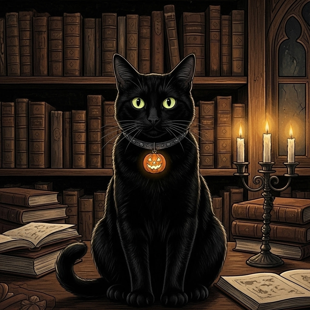 An AI remixed black cat wearing a jack-o-lantern collar in a dark library.