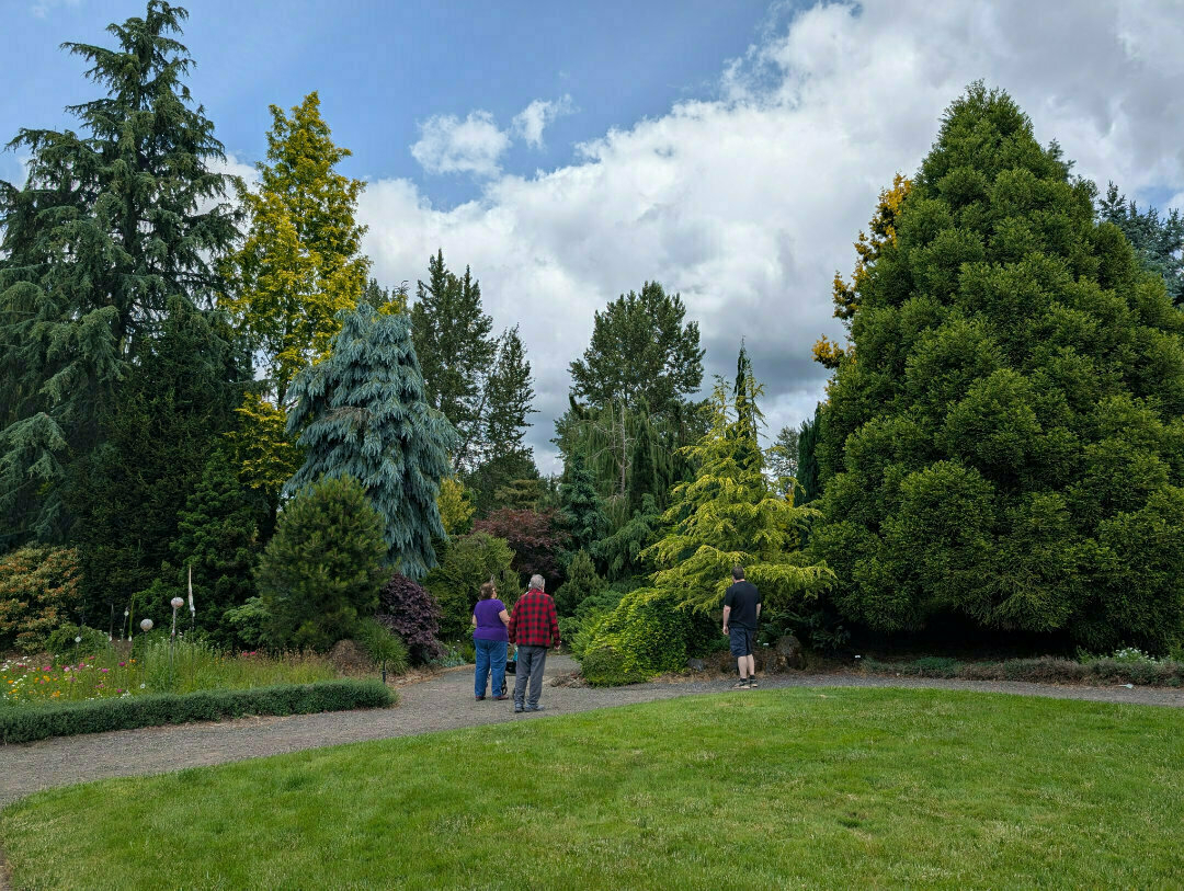 Auto-generated description: A group of people stands on a grassy area surrounded by various trees and plants under a partly cloudy sky.