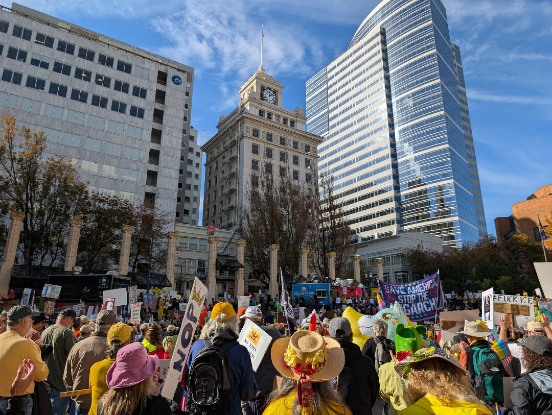 Auto-generated description: A large crowd of people is gathered in an urban area holding signs, suggesting a protest or demonstration, with tall buildings and a clear blue sky in the background.
