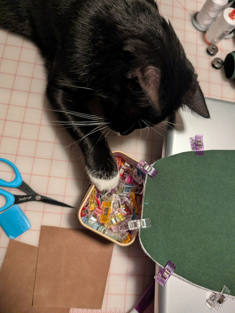 Auto-generated description: A black and white cat is reaching towards a container of colorful clips on a craft table with sewing materials.