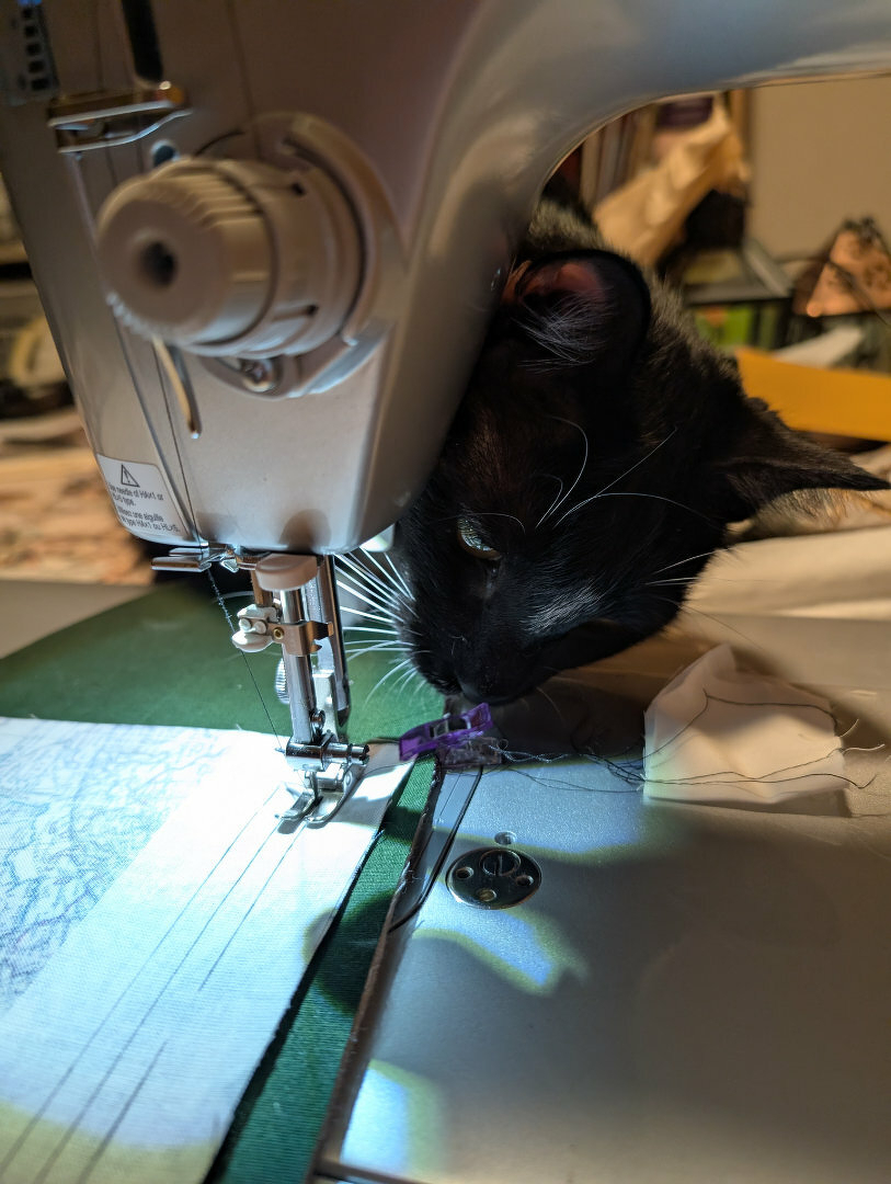 Auto-generated description: A curious black and white cat is closely examining fabric being sewn on a sewing machine.