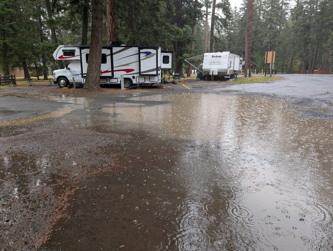 Auto-generated description: A wet parking lot reflecting overcast skies is occupied by two RVs, surrounded by tall trees.