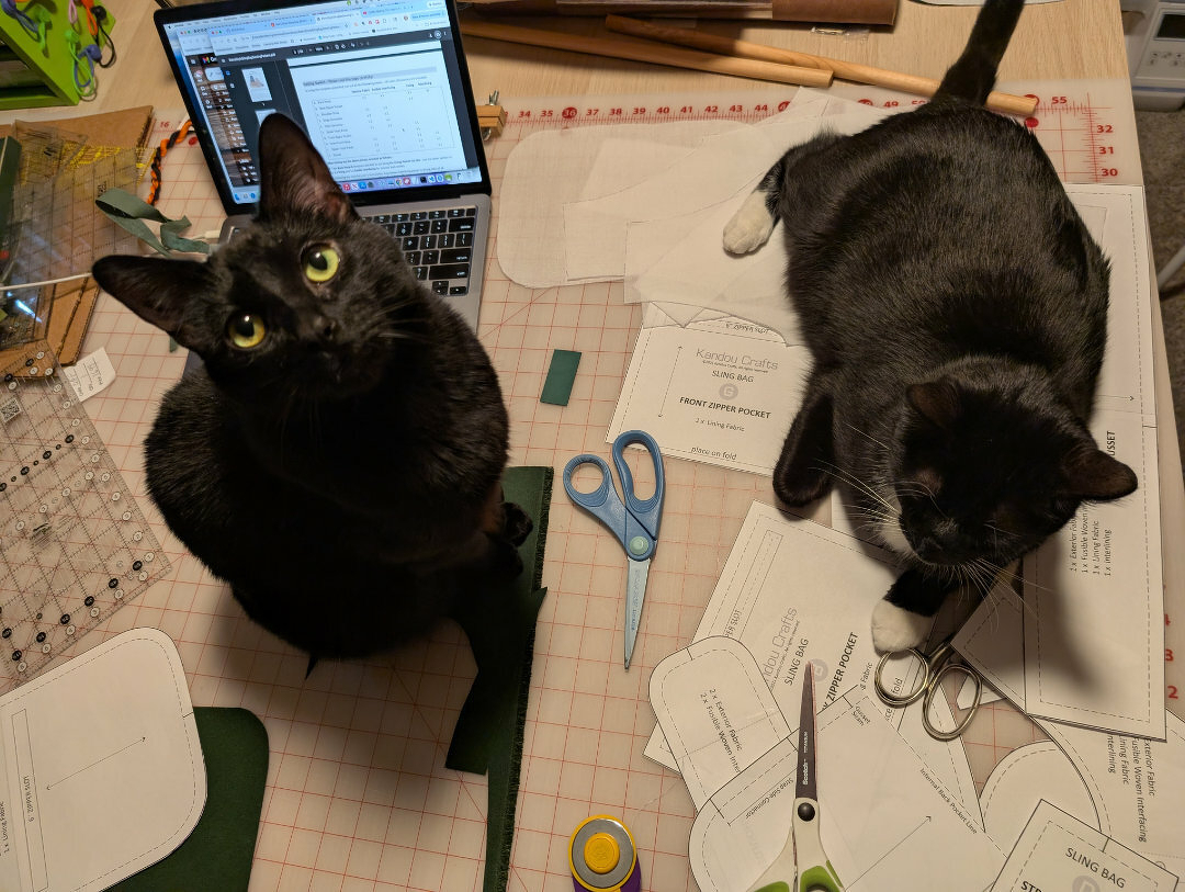 Auto-generated description: Two cats are sitting on a table cluttered with sewing patterns, fabric, and a laptop.