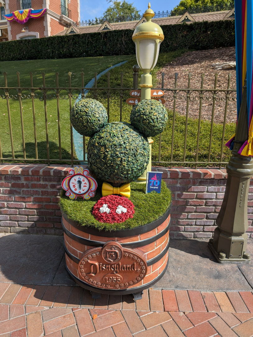 Auto-generated description: A decorative Mickey Mouse-shaped topiary is displayed on a brick planter, adorned with celebratory signs and floral accents in a Disneyland setting.