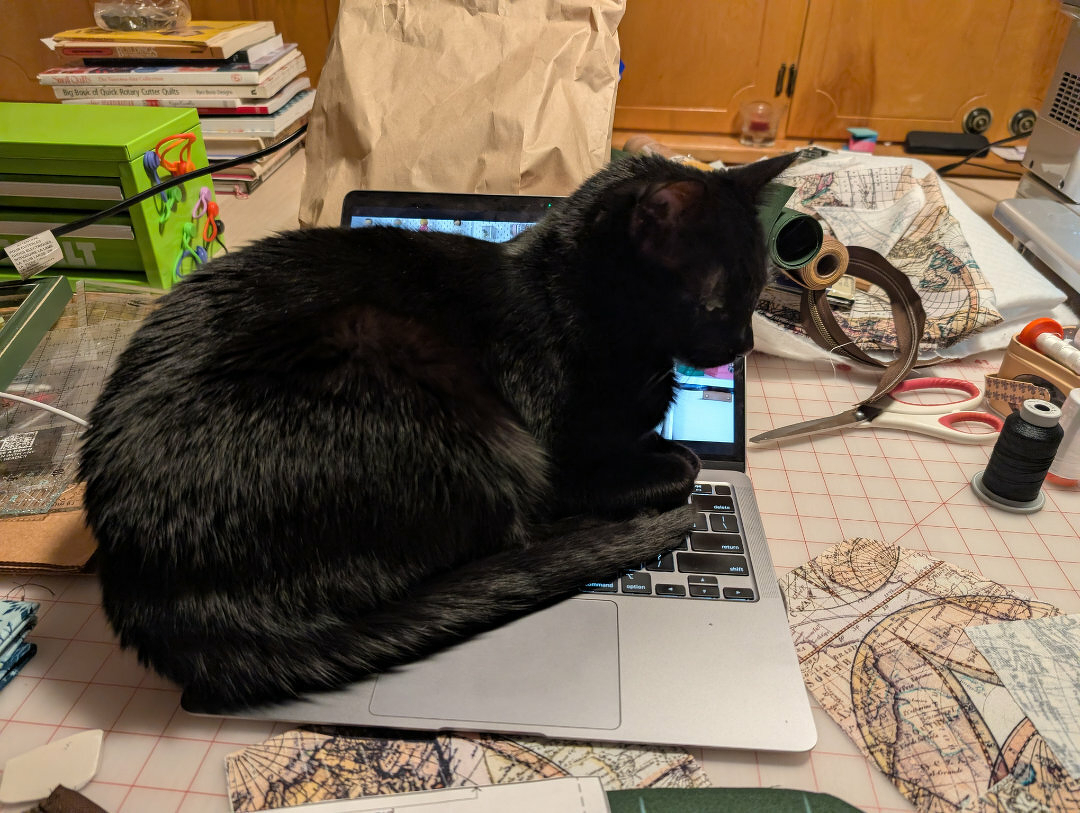 Auto-generated description: A black cat is sitting on an open laptop surrounded by various papers and crafting supplies.